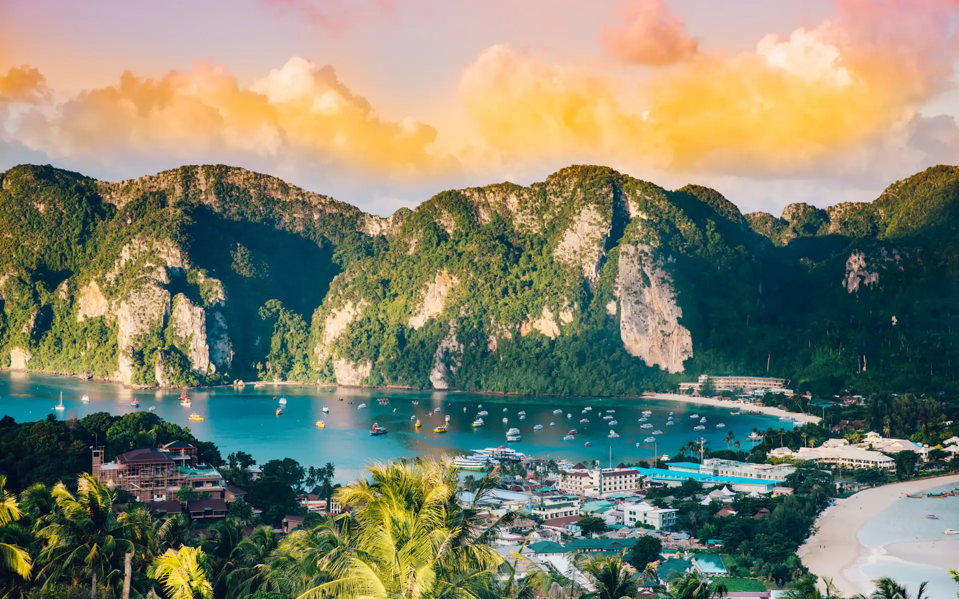 A bay on Phi Phi Island at sunset